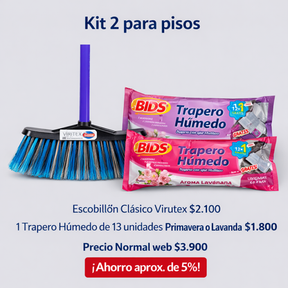 kit 2 para pisos: 1 escobillon Virtutex, 1 trapero húmedo lavanda o Primavera