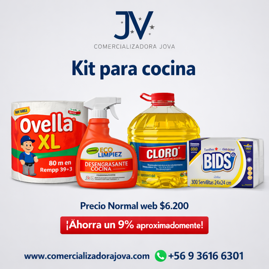 Kit para cocina: 1 toalla Ovellaxl , 1 Desengrasante 500 ml, 1 cloro 1L, Servilletas 300u
